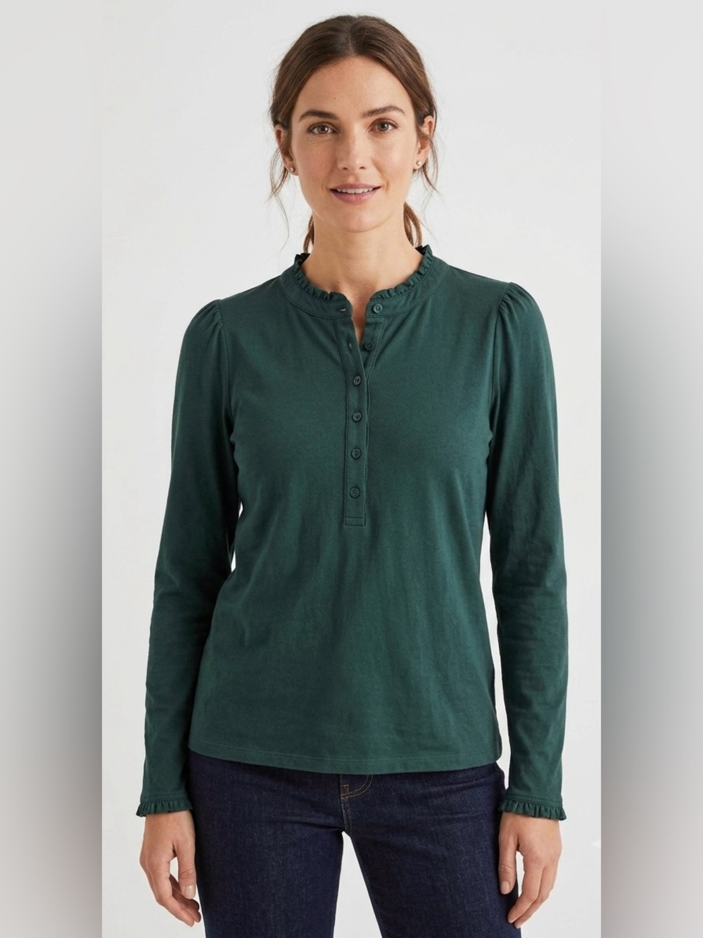 Boden Ruffle-Neck Long Sleeve Henley Top - Dark Green cottagecore cabincore
